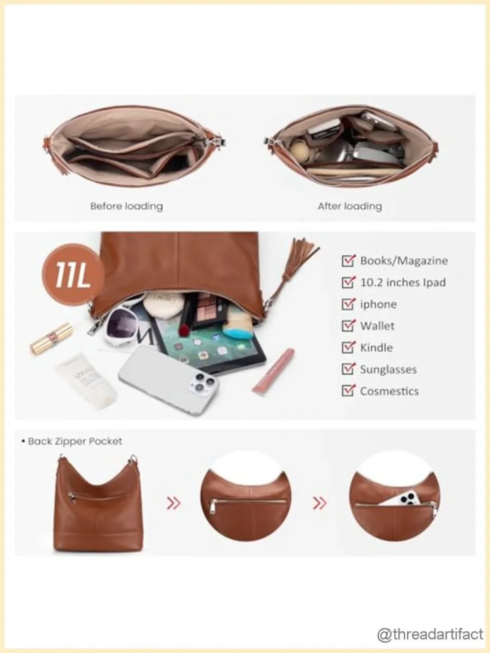 Genuine Leather Hobo Crossbody Bag, Soft Real Leather Shoulder Purse with 2